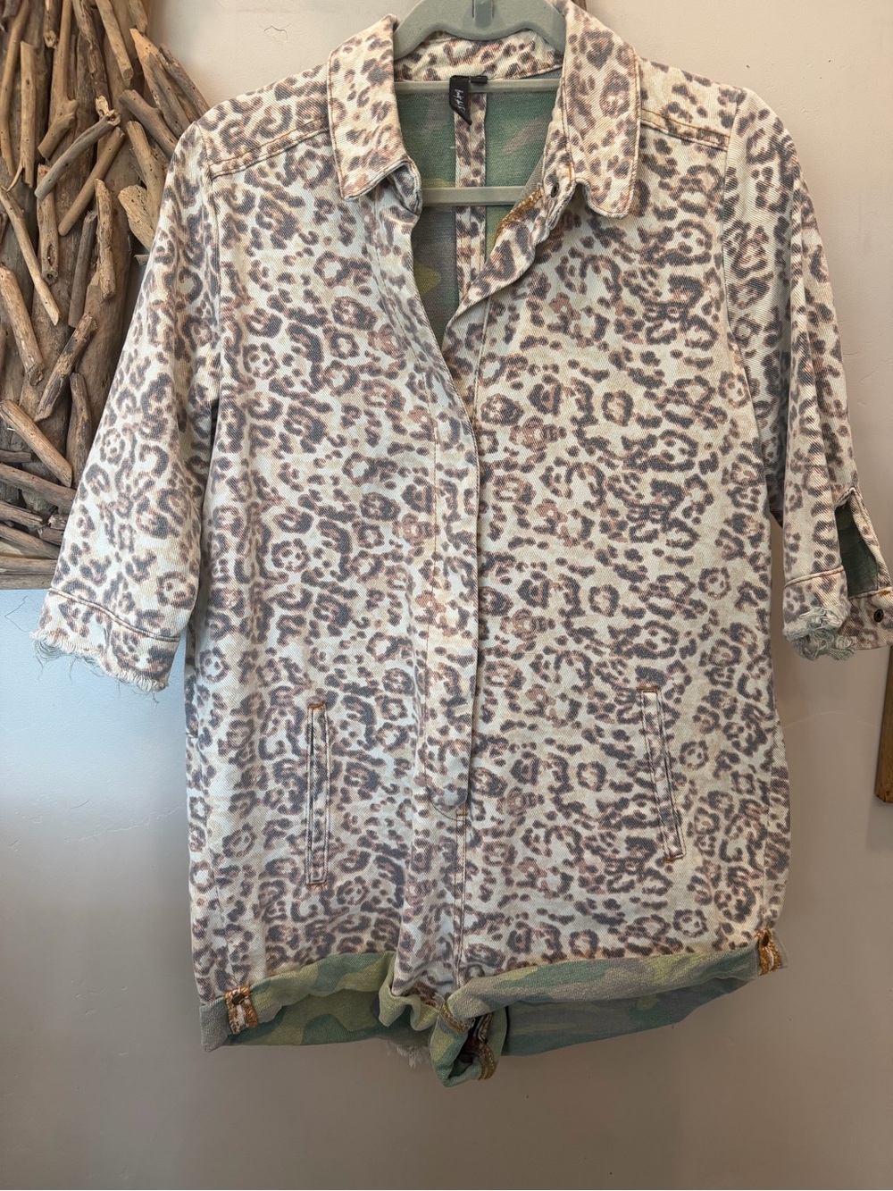 Leopard Print Utility romper in Cream and Brown